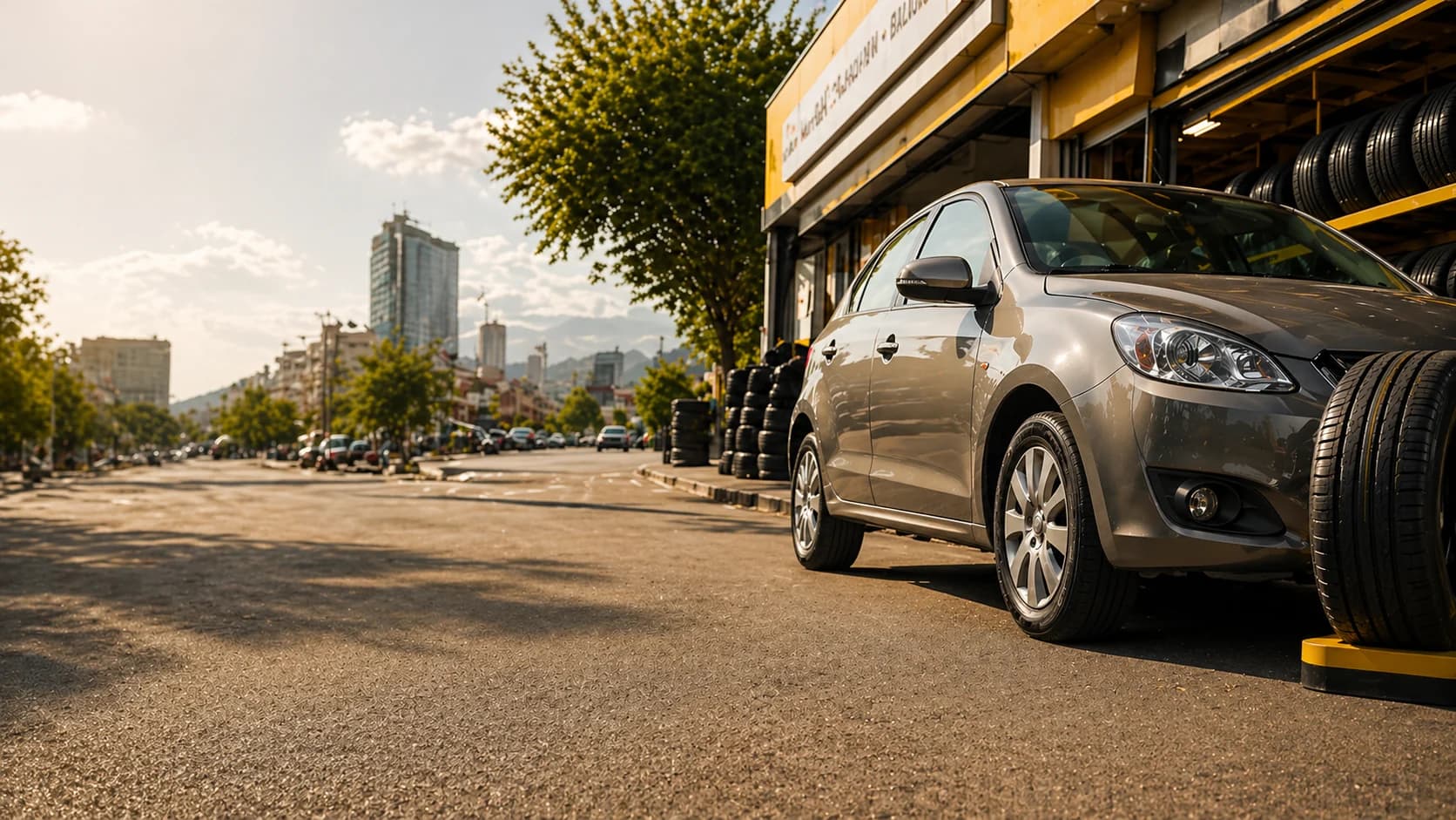 Local de Entre Ruedas con auto en contexto urbano